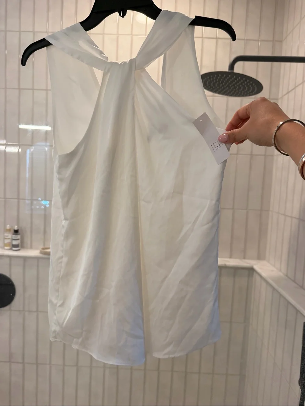 White House Black Market White Twist-Neck Satin Halter Top - Picture 2 of 6